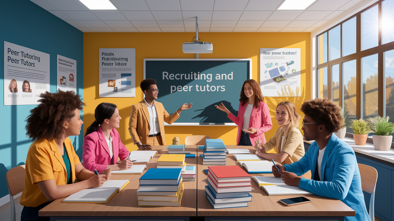 A conceptual illustration representing Recruiting and Preparing Peer Tutors. Visualize the main ideas: . Creative but clear representation of the concept. Style: photorealistic. high quality, detailed, professional, clean composition, good lighting, sharp focus, well-composed. high quality, professional, detailed, well-composed