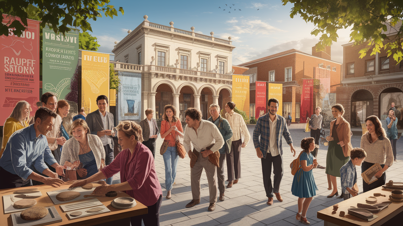 A conceptual illustration representing Showcasing History: Interpretation and Community Engagement. Visualize the main ideas: . Creative but clear representation of the concept. Style: photorealistic. high quality, detailed, professional, clean composition, good lighting, sharp focus, well-composed. high quality, professional, detailed, well-composed