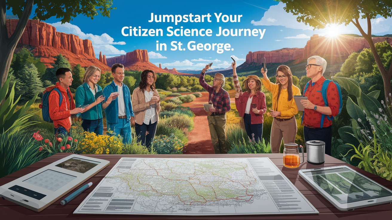 A conceptual illustration representing Jumpstart Your Citizen Science Journey in St. George. Visualize the main ideas: . Creative but clear representation of the concept. Style: photorealistic. high quality, detailed, professional, clean composition, good lighting, sharp focus, well-composed. high quality, professional, detailed, well-composed