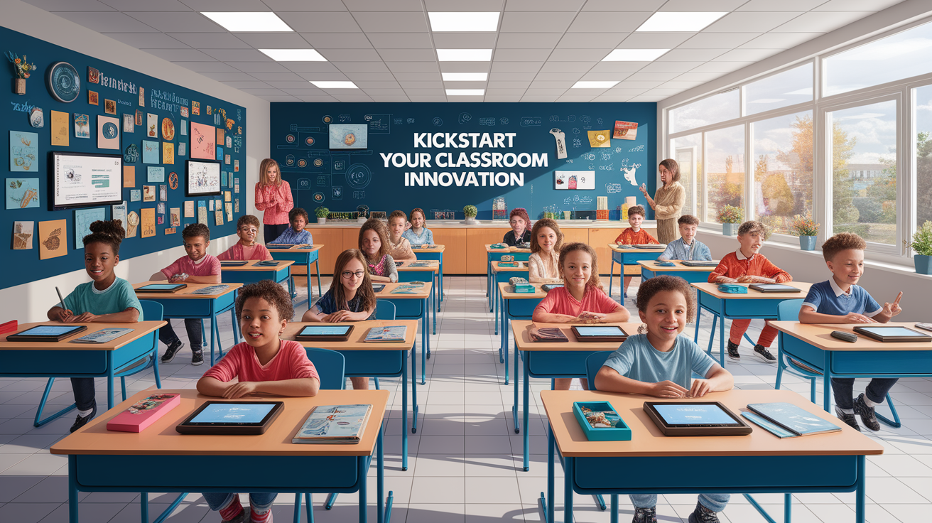 A conceptual illustration representing Kickstart Your Classroom Innovation. Visualize the main ideas: . Creative but clear representation of the concept. Style: photorealistic. high quality, detailed, professional, clean composition, good lighting, sharp focus, well-composed. high quality, professional, detailed, well-composed