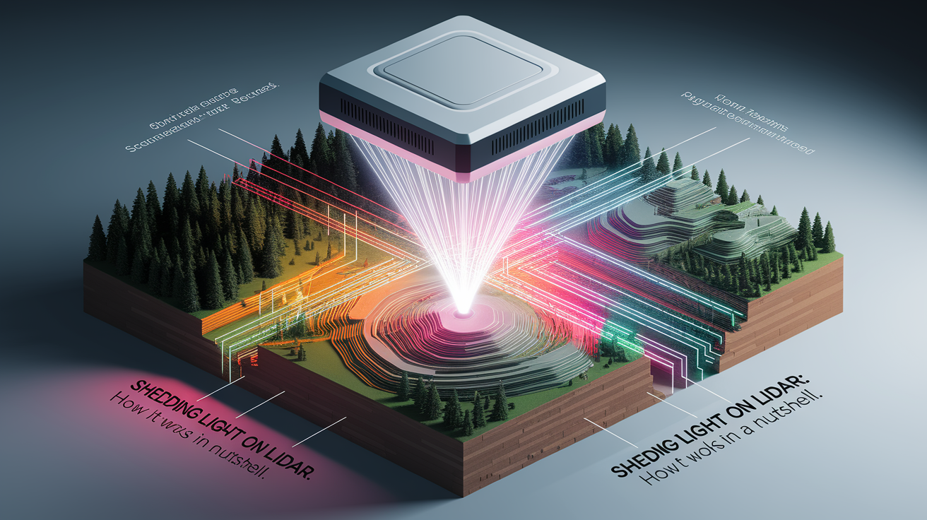 A conceptual illustration representing Shedding Light on LiDAR: How It Works in a Nutshell. Visualize the main ideas: . Creative but clear representation of the concept. Style: photorealistic. high quality, detailed, professional, clean composition, good lighting, sharp focus, well-composed. high quality, professional, detailed, well-composed