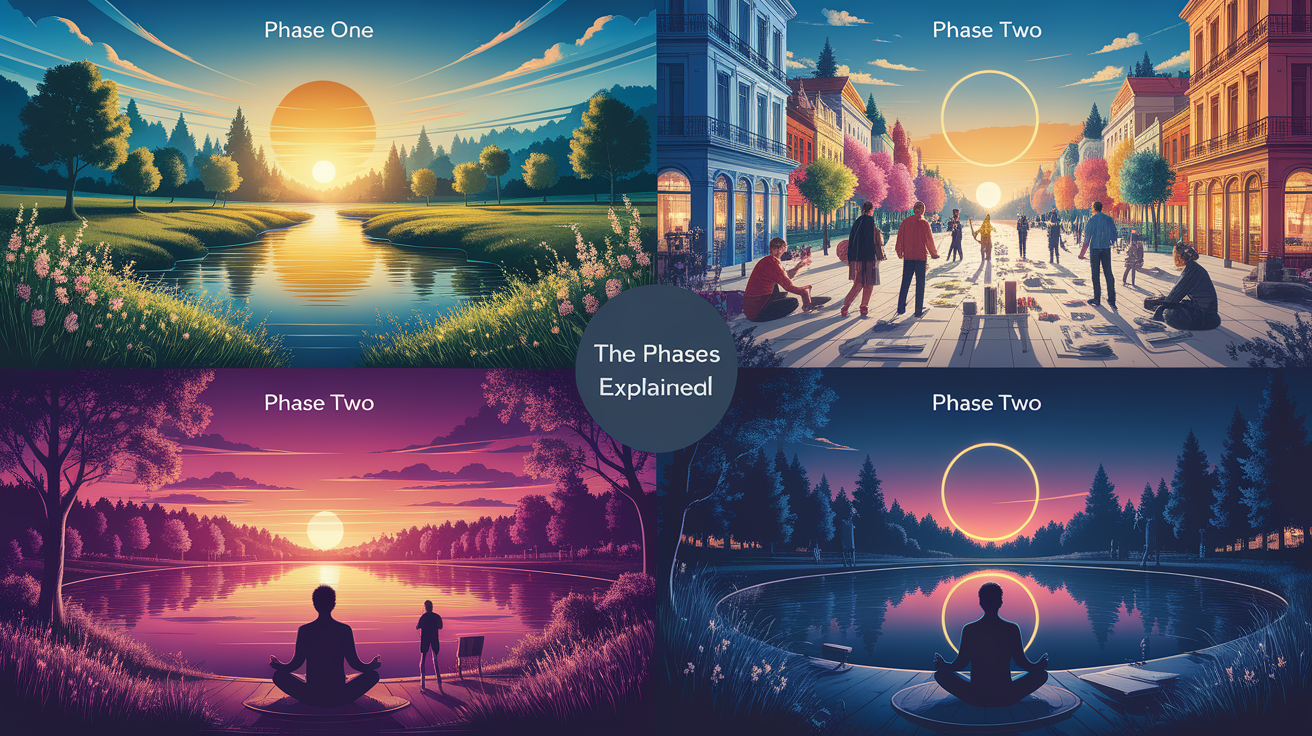 A conceptual illustration representing The Four Phases Explained. Visualize the main ideas: . Creative but clear representation of the concept. Style: photorealistic. high quality, detailed, professional, clean composition, good lighting, sharp focus, well-composed. high quality, professional, detailed, well-composed