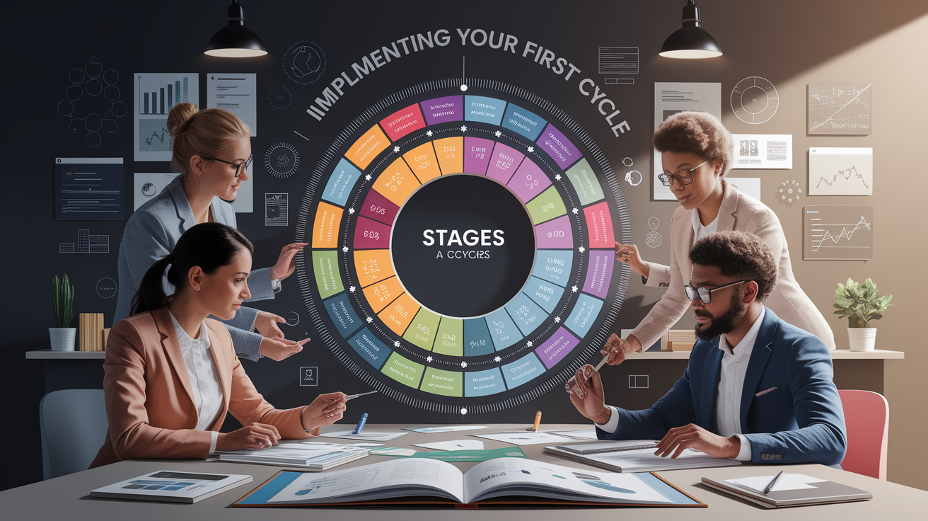 A conceptual illustration representing Implementing Your First Cycle. Visualize the main ideas: . Creative but clear representation of the concept. Style: photorealistic. high quality, detailed, professional, clean composition, good lighting, sharp focus, well-composed. high quality, professional, detailed, well-composed
