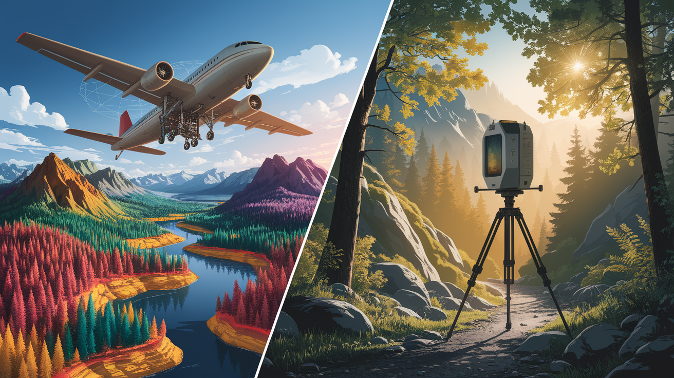A conceptual illustration representing Scanning Modes: Airborne and Terrestrial LiDAR. Visualize the main ideas: . Creative but clear representation of the concept. Style: photorealistic. high quality, detailed, professional, clean composition, good lighting, sharp focus, well-composed. high quality, professional, detailed, well-composed