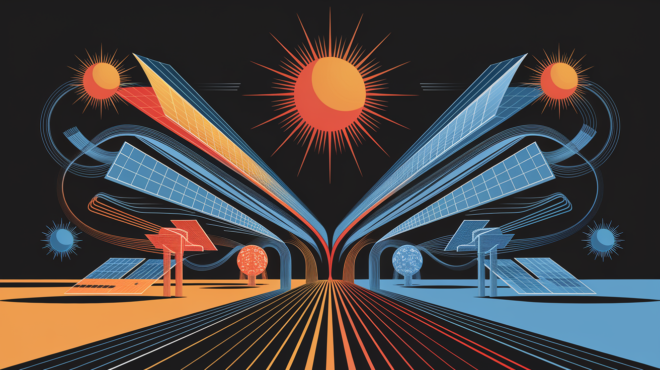 A conceptual illustration representing In the Shadow of the Sun: Understanding Solar Supply Chain Risks and Resilience. Visualize the main ideas: . Creative but clear representation of the concept. Style: Visual Theme: Clean, modern aesthetic with high contrast and vibrant energy. Emphasize the intersect. high quality, detailed, professional, clean composition, good lighting, sharp focus, well-composed. high quality, professional, detailed, well-composed