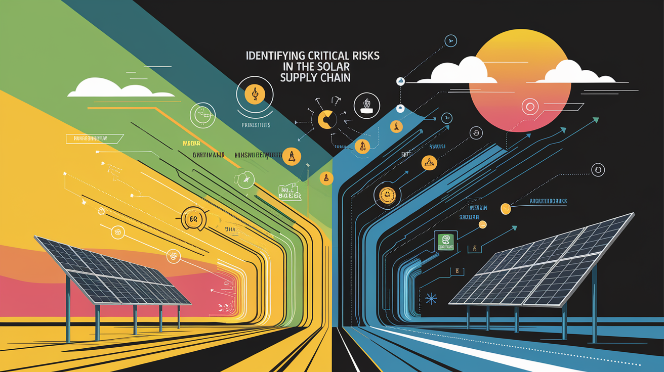 A conceptual illustration representing Identifying Critical Risks in the Solar Supply Chain. Visualize the main ideas: . Creative but clear representation of the concept. Style: Visual Theme: Clean, modern aesthetic with high contrast and vibrant energy. Emphasize the intersect. high quality, detailed, professional, clean composition, good lighting, sharp focus, well-composed. high quality, professional, detailed, well-composed
