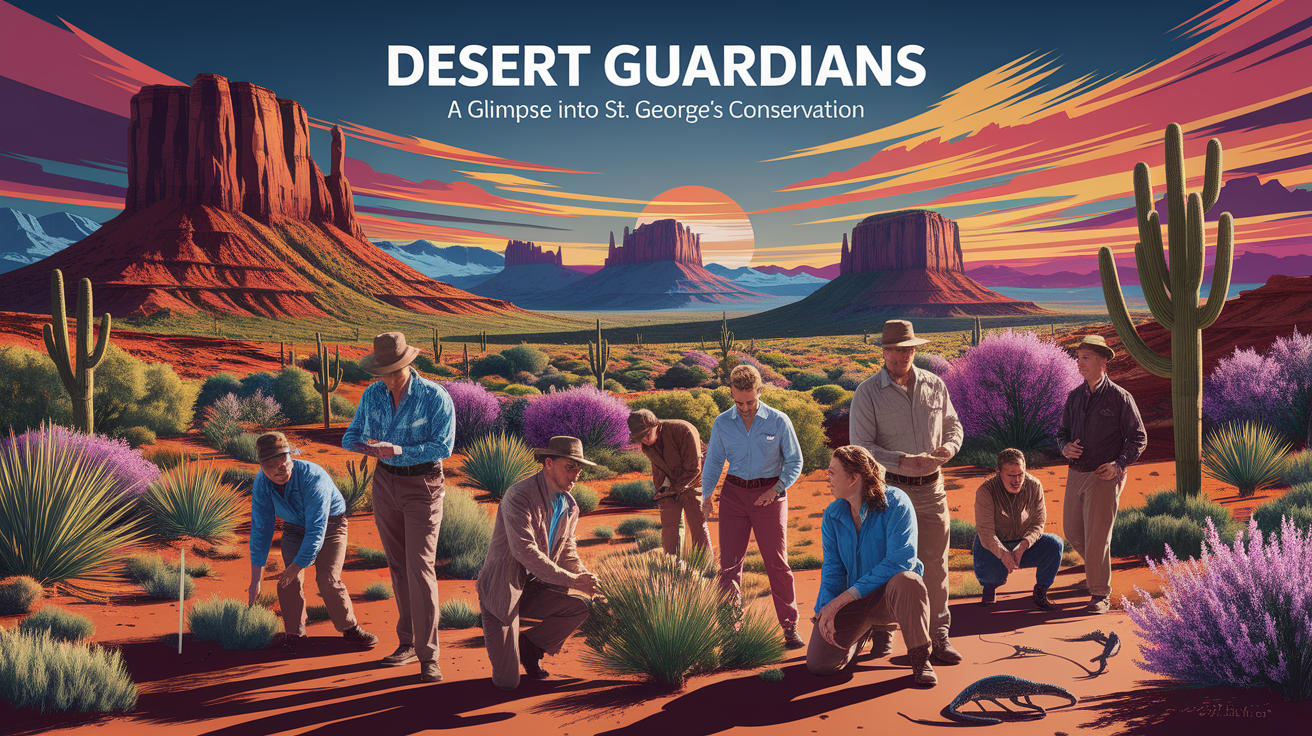 A conceptual illustration representing Desert Guardians: A Glimpse into St. George’s Conservation. Visualize the main ideas: . Creative but clear representation of the concept. Style: photorealistic. high quality, detailed, professional, clean composition, good lighting, sharp focus, well-composed. high quality, professional, detailed, well-composed