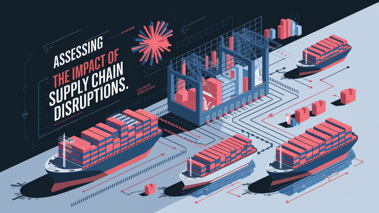 A conceptual illustration representing Assessing the Impact of Supply Chain Disruptions. Visualize the main ideas: . Creative but clear representation of the concept. Style: Visual Theme: Clean, modern aesthetic with high contrast and vibrant energy. Emphasize the intersect. high quality, detailed, professional, clean composition, good lighting, sharp focus, well-composed. high quality, professional, detailed, well-composed