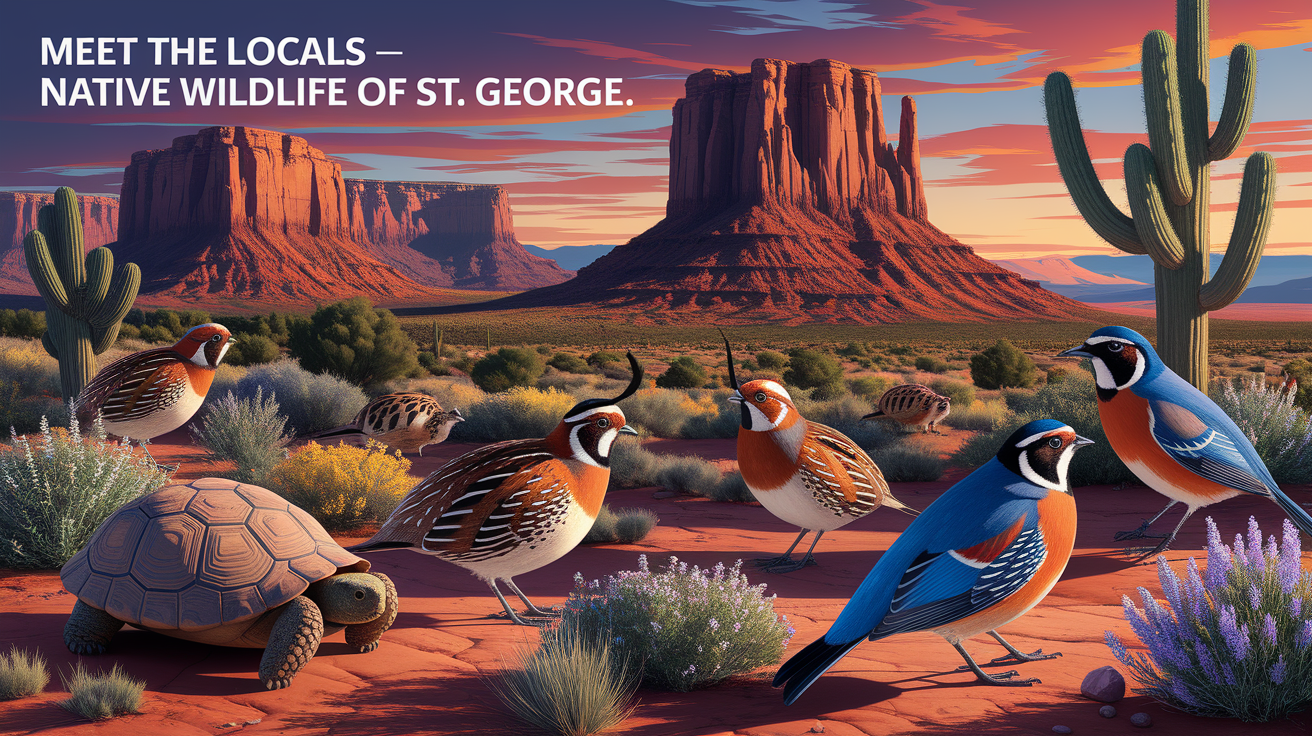 A conceptual illustration representing Meet the Locals – Native Wildlife of St. George. Visualize the main ideas: . Creative but clear representation of the concept. Style: photorealistic. high quality, detailed, professional, clean composition, good lighting, sharp focus, well-composed. high quality, professional, detailed, well-composed