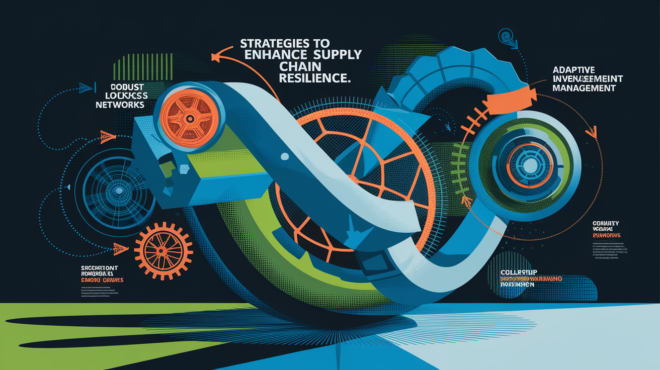 A conceptual illustration representing Strategies to Enhance Supply Chain Resilience. Visualize the main ideas: . Creative but clear representation of the concept. Style: Visual Theme: Clean, modern aesthetic with high contrast and vibrant energy. Emphasize the intersect. high quality, detailed, professional, clean composition, good lighting, sharp focus, well-composed. high quality, professional, detailed, well-composed