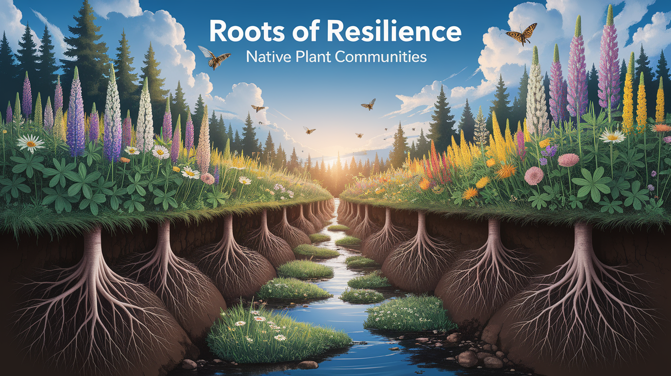 A conceptual illustration representing Roots of Resilience – Native Plant Communities. Visualize the main ideas: . Creative but clear representation of the concept. Style: photorealistic. high quality, detailed, professional, clean composition, good lighting, sharp focus, well-composed. high quality, professional, detailed, well-composed
