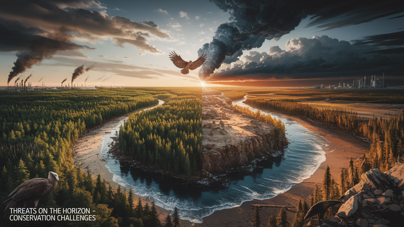 A conceptual illustration representing Threats on the Horizon – Conservation Challenges. Visualize the main ideas: . Creative but clear representation of the concept. Style: photorealistic. high quality, detailed, professional, clean composition, good lighting, sharp focus, well-composed. high quality, professional, detailed, well-composed