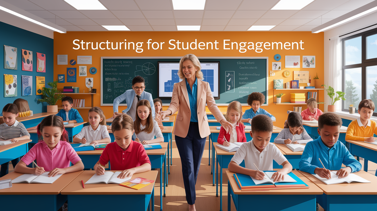 A conceptual illustration representing Structuring for Student Engagement. Visualize the main ideas: . Creative but clear representation of the concept. Style: photorealistic. high quality, detailed, professional, clean composition, good lighting, sharp focus, well-composed. high quality, professional, detailed, well-composed