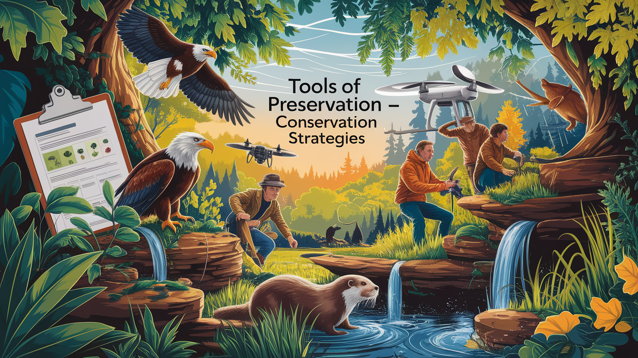 A conceptual illustration representing Tools of Preservation – Conservation Strategies. Visualize the main ideas: . Creative but clear representation of the concept. Style: photorealistic. high quality, detailed, professional, clean composition, good lighting, sharp focus, well-composed. high quality, professional, detailed, well-composed
