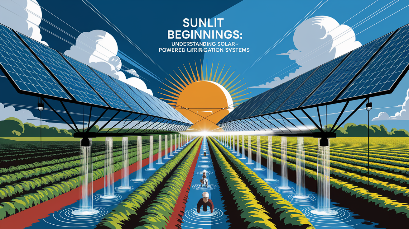 A conceptual illustration representing Sunlit Beginnings: Understanding Solar-Powered Irrigation Systems. Visualize the main ideas: . Creative but clear representation of the concept. Style: Visual Theme: Clean, modern aesthetic with high contrast and vibrant energy. Emphasize the intersect. high quality, detailed, professional, clean composition, good lighting, sharp focus, well-composed. high quality, professional, detailed, well-composed