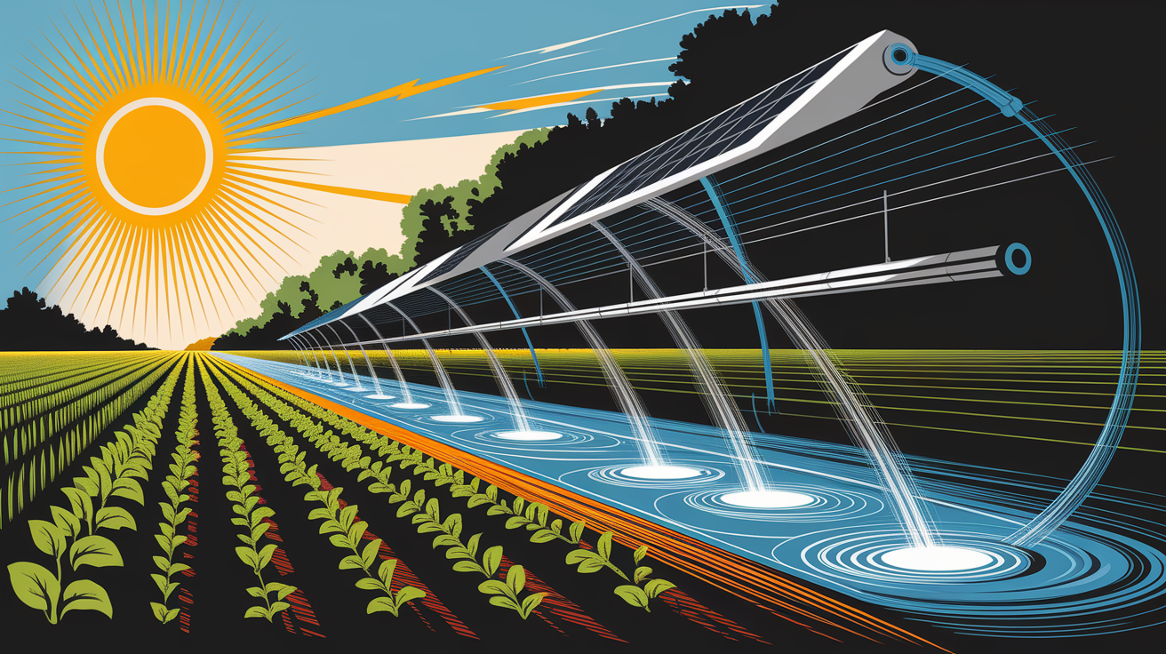 A conceptual illustration representing Sunlit Beginnings: What Is Solar-Powered Irrigation?. Visualize the main ideas: . Creative but clear representation of the concept. Style: Visual Theme: Clean, modern aesthetic with high contrast and vibrant energy. Emphasize the intersect. high quality, detailed, professional, clean composition, good lighting, sharp focus, well-composed. high quality, professional, detailed, well-composed