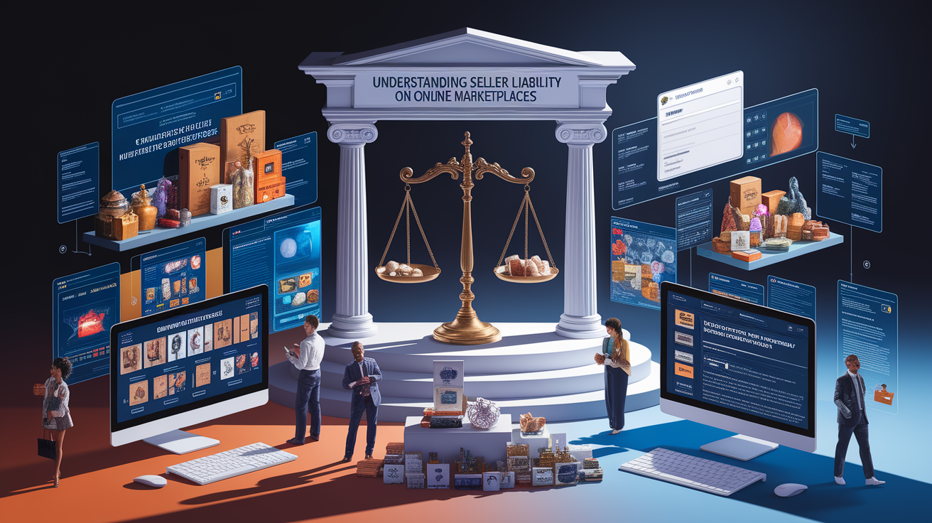 A conceptual illustration representing Understanding Seller Liability on Online Marketplaces. Visualize the main ideas: . Creative but clear representation of the concept. Style: photorealistic. high quality, detailed, professional, clean composition, good lighting, sharp focus, well-composed. high quality, professional, detailed, well-composed