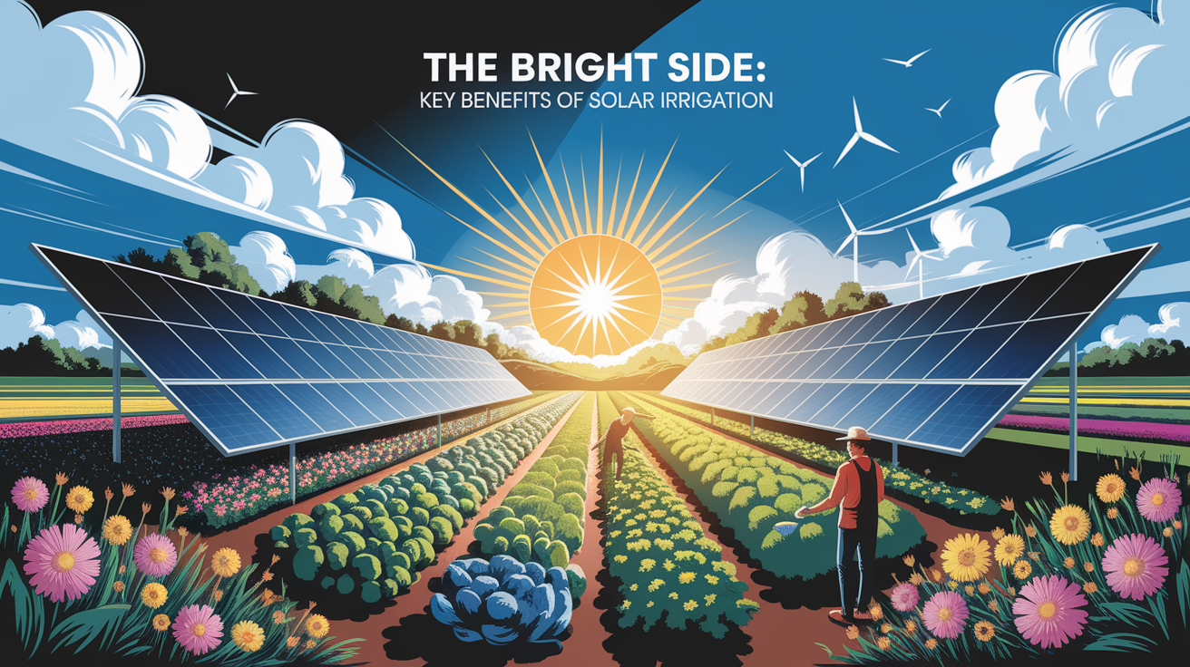 A conceptual illustration representing The Bright Side: Key Benefits of Solar Irrigation. Visualize the main ideas: . Creative but clear representation of the concept. Style: Visual Theme: Clean, modern aesthetic with high contrast and vibrant energy. Emphasize the intersect. high quality, detailed, professional, clean composition, good lighting, sharp focus, well-composed. high quality, professional, detailed, well-composed