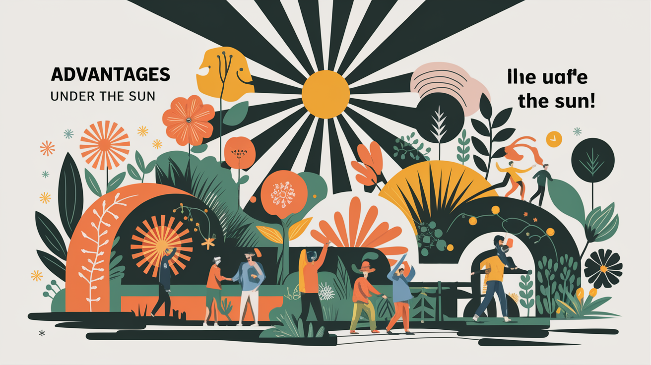 A conceptual illustration representing Advantages Under the Sun: Key Benefits. Visualize the main ideas: . Creative but clear representation of the concept. Style: Visual Theme: Clean, modern aesthetic with high contrast and vibrant energy. Emphasize the intersect. high quality, detailed, professional, clean composition, good lighting, sharp focus, well-composed. high quality, professional, detailed, well-composed