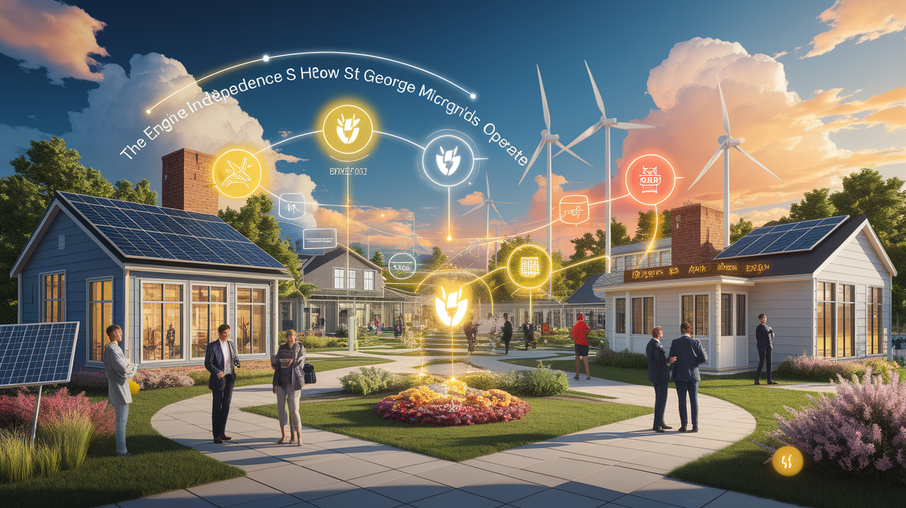 A conceptual illustration representing The Engine of Independence â How St. George Microgrids Operate. Visualize the main ideas: . Creative but clear representation of the concept. Style: photorealistic. high quality, detailed, professional, clean composition, good lighting, sharp focus, well-composed. high quality, professional, detailed, well-composed