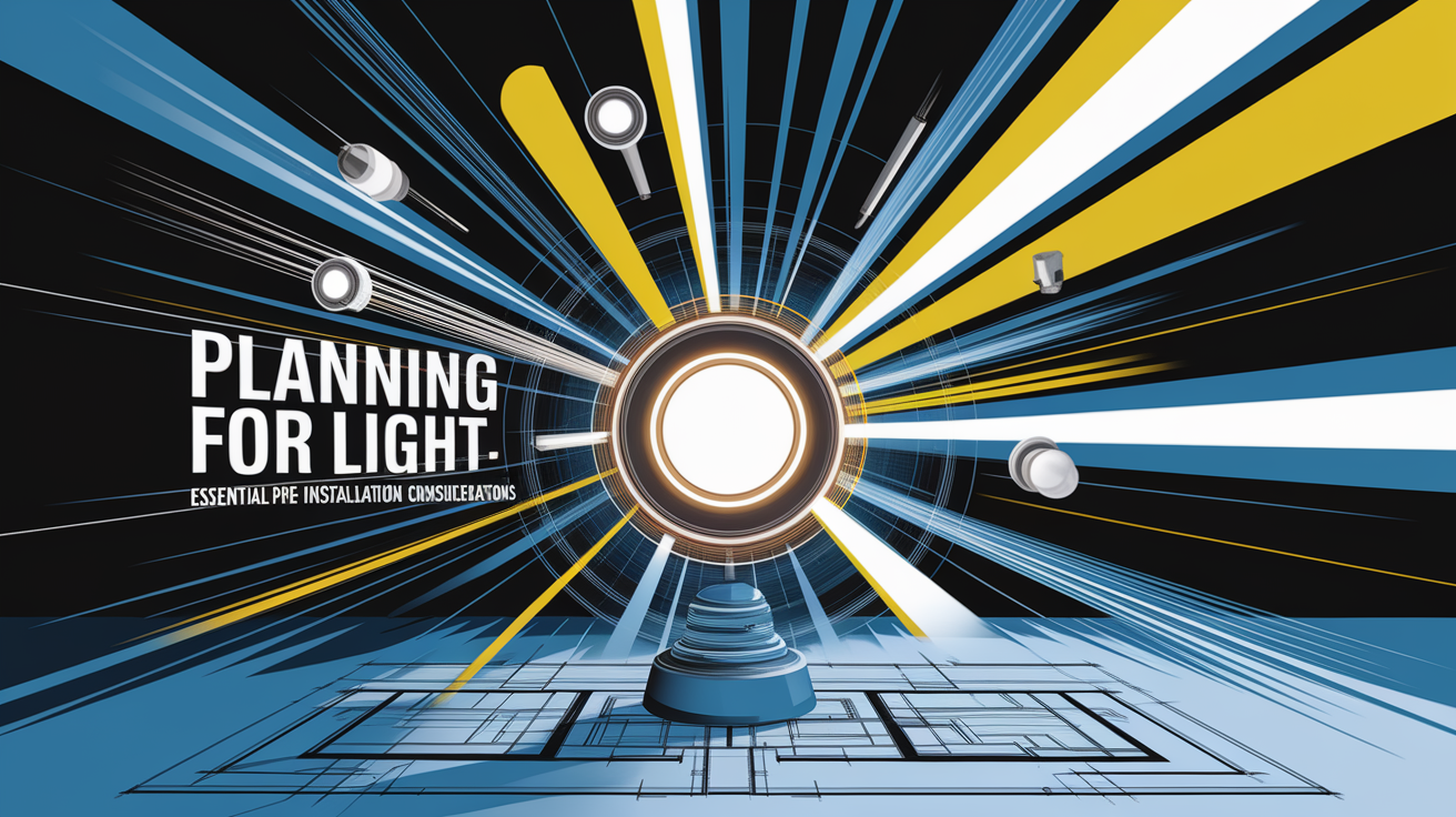 A conceptual illustration representing Planning for Light: Essential Pre-Installation Considerations. Visualize the main ideas: . Creative but clear representation of the concept. Style: Visual Theme: Clean, modern aesthetic with high contrast and vibrant energy. Emphasize the intersect. high quality, detailed, professional, clean composition, good lighting, sharp focus, well-composed. high quality, professional, detailed, well-composed