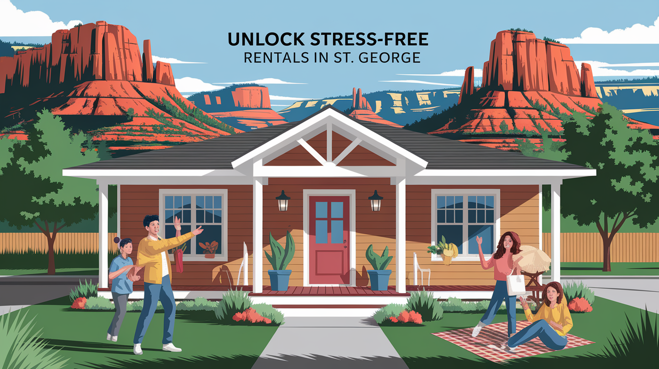 A conceptual illustration representing Unlock Stress-Free Rentals in St. George. Visualize the main ideas: . Creative but clear representation of the concept. Style: photorealistic. high quality, detailed, professional, clean composition, good lighting, sharp focus, well-composed. high quality, professional, detailed, well-composed