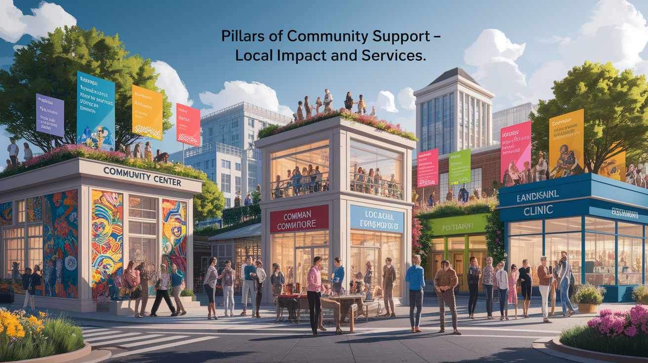 A conceptual illustration representing Pillars of Community Support â Local Impact and Services. Visualize the main ideas: . Creative but clear representation of the concept. Style: photorealistic. high quality, detailed, professional, clean composition, good lighting, sharp focus, well-composed. high quality, professional, detailed, well-composed