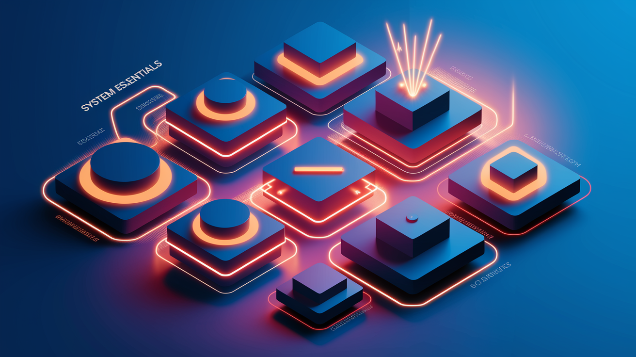 A conceptual illustration representing System Essentials: Main Components and How They Fit. Visualize the main ideas: . Creative but clear representation of the concept. Style: Visual Theme: Clean, modern aesthetic with high contrast and vibrant energy. Emphasize the intersect. high quality, detailed, professional, clean composition, good lighting, sharp focus, well-composed. high quality, professional, detailed, well-composed