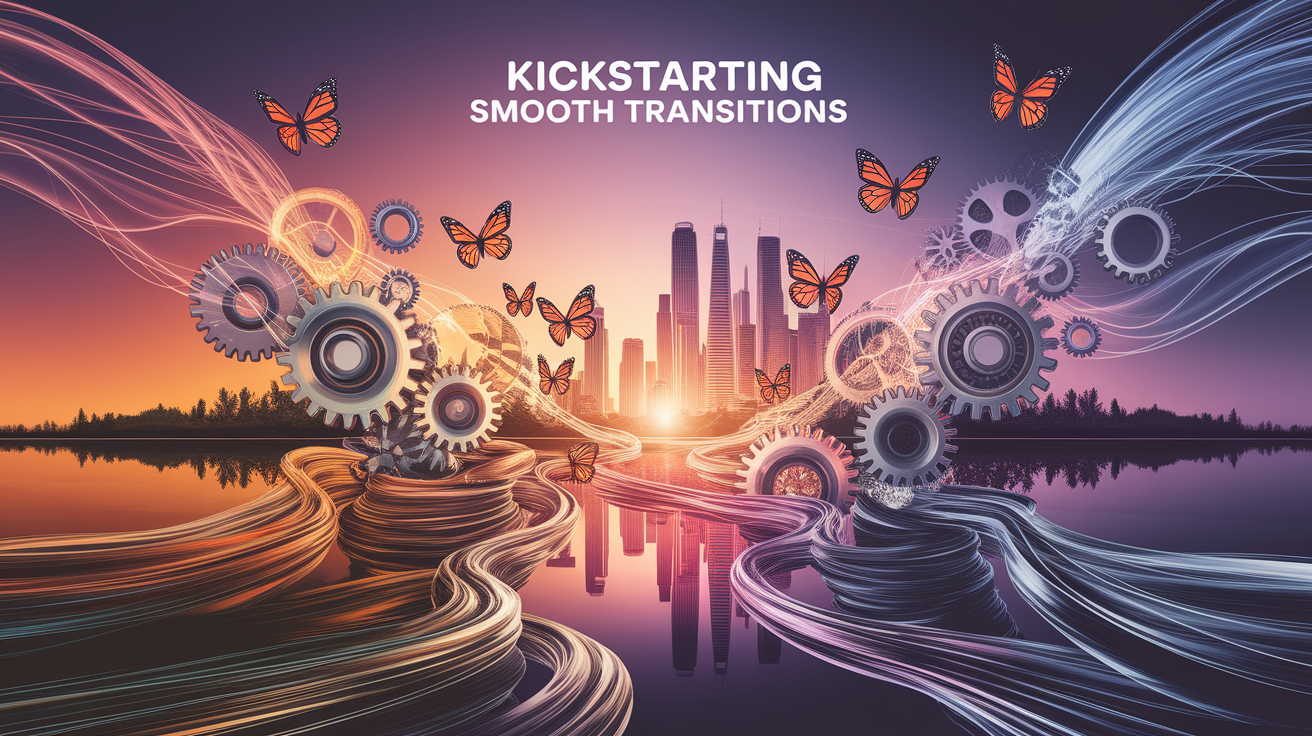 A conceptual illustration representing Kickstarting Smooth Transitions. Visualize the main ideas: . Creative but clear representation of the concept. Style: photorealistic. high quality, detailed, professional, clean composition, good lighting, sharp focus, well-composed. high quality, professional, detailed, well-composed