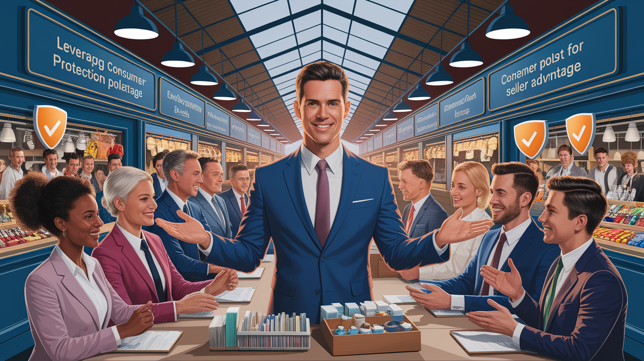 A conceptual illustration representing Leveraging Consumer Protection Policies for Seller Advantage. Visualize the main ideas: . Creative but clear representation of the concept. Style: photorealistic. high quality, detailed, professional, clean composition, good lighting, sharp focus, well-composed. high quality, professional, detailed, well-composed