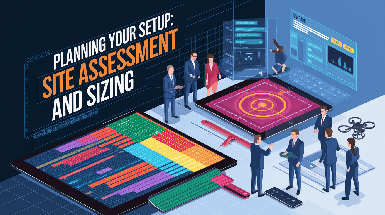 A conceptual illustration representing Planning Your Setup: Site Assessment and Sizing. Visualize the main ideas: . Creative but clear representation of the concept. Style: Visual Theme: Clean, modern aesthetic with high contrast and vibrant energy. Emphasize the intersect. high quality, detailed, professional, clean composition, good lighting, sharp focus, well-composed. high quality, professional, detailed, well-composed