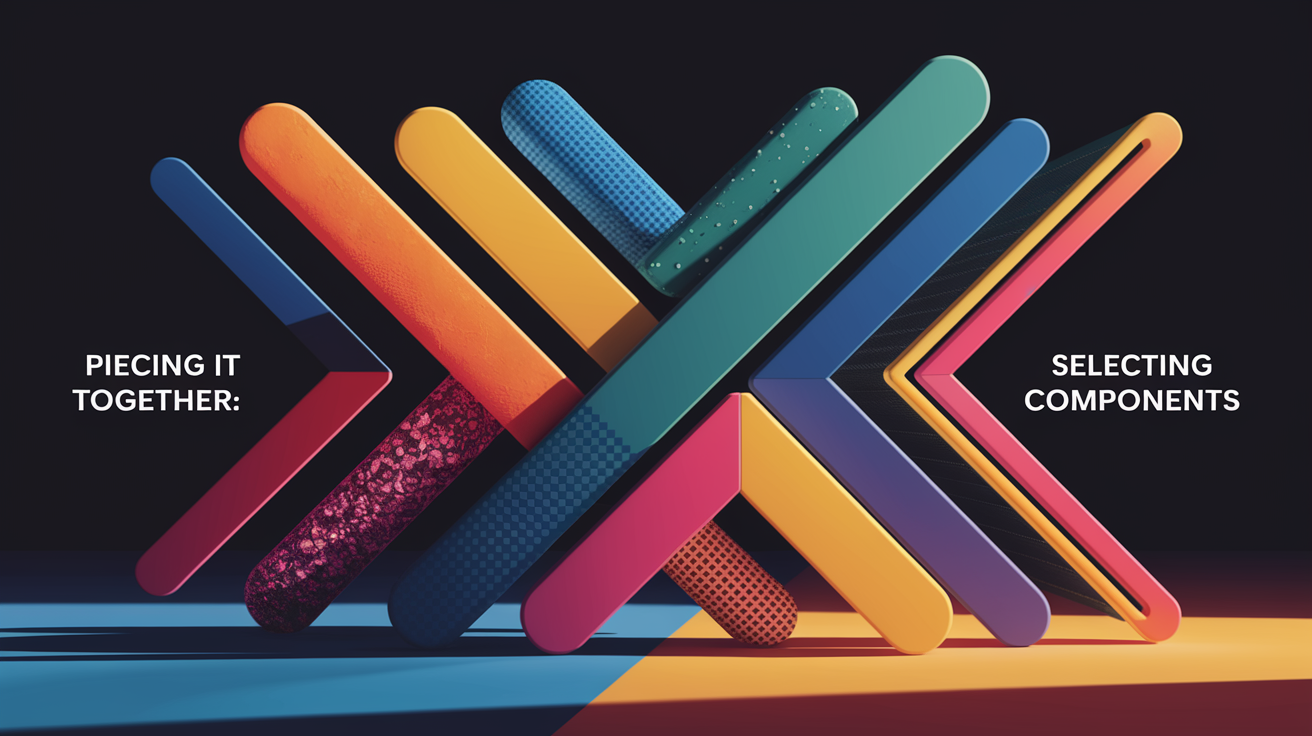 A conceptual illustration representing Piecing It Together: Selecting Components. Visualize the main ideas: . Creative but clear representation of the concept. Style: Visual Theme: Clean, modern aesthetic with high contrast and vibrant energy. Emphasize the intersect. high quality, detailed, professional, clean composition, good lighting, sharp focus, well-composed. high quality, professional, detailed, well-composed