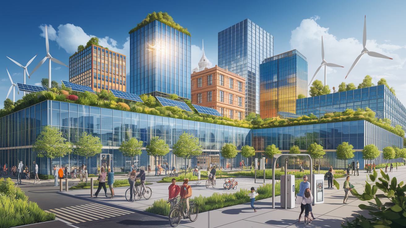 A conceptual illustration representing Syncing with City Strategy â St. Georgeâs Renewable Integration Goals. Visualize the main ideas: . Creative but clear representation of the concept. Style: photorealistic. high quality, detailed, professional, clean composition, good lighting, sharp focus, well-composed. high quality, professional, detailed, well-composed