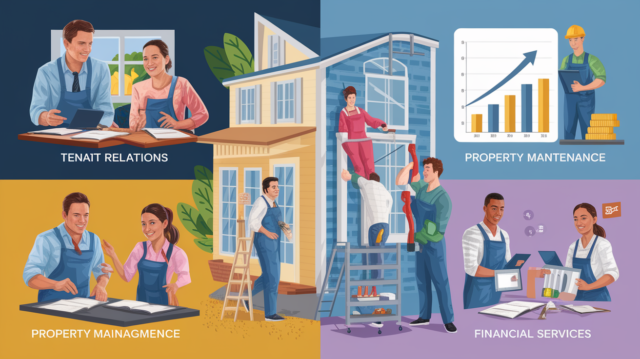 A conceptual illustration representing Key Services Offered by St. George Property Managers. Visualize the main ideas: . Creative but clear representation of the concept. Style: photorealistic. high quality, detailed, professional, clean composition, good lighting, sharp focus, well-composed. high quality, professional, detailed, well-composed