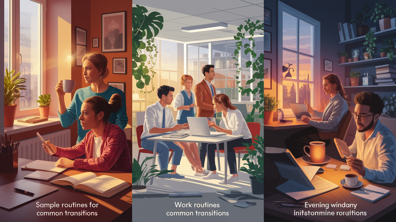 A conceptual illustration representing Sample Routines for Common Transitions. Visualize the main ideas: . Creative but clear representation of the concept. Style: photorealistic. high quality, detailed, professional, clean composition, good lighting, sharp focus, well-composed. high quality, professional, detailed, well-composed