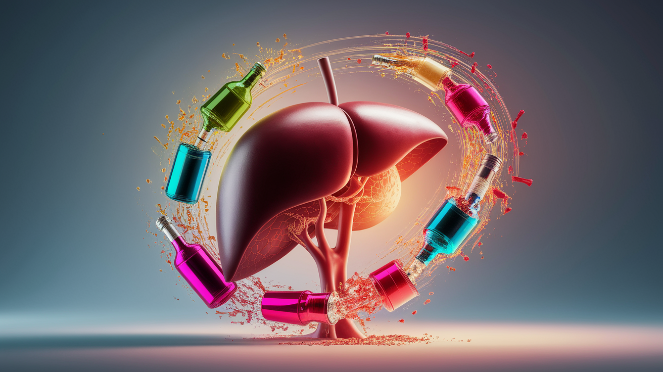 A conceptual illustration representing How Your Liver Turns Alcohol into Trouble. Visualize the main ideas: . Creative but clear representation of the concept. Style: photorealistic. high quality, detailed, professional, clean composition, good lighting, sharp focus, well-composed. high quality, professional, detailed, well-composed
