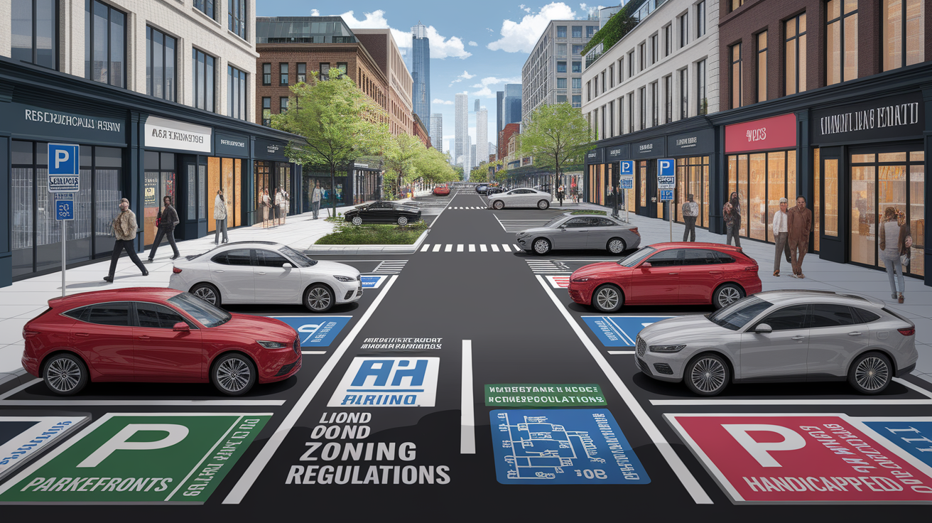 A conceptual illustration representing Understanding Local Parking and Zoning Regulations. Visualize the main ideas: . Creative but clear representation of the concept. Style: photorealistic. high quality, detailed, professional, clean composition, good lighting, sharp focus, well-composed. high quality, professional, detailed, well-composed