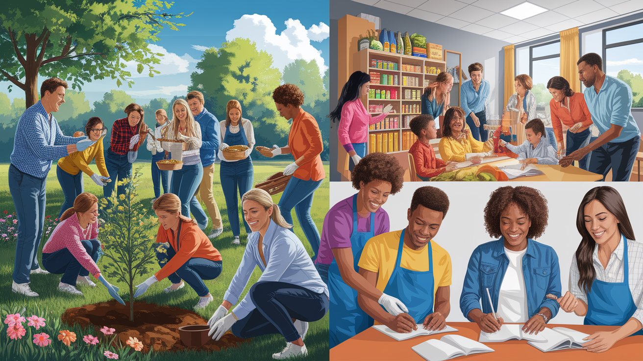 A conceptual illustration representing Volunteer Roles and Community Participation. Visualize the main ideas: . Creative but clear representation of the concept. Style: photorealistic. high quality, detailed, professional, clean composition, good lighting, sharp focus, well-composed. high quality, professional, detailed, well-composed