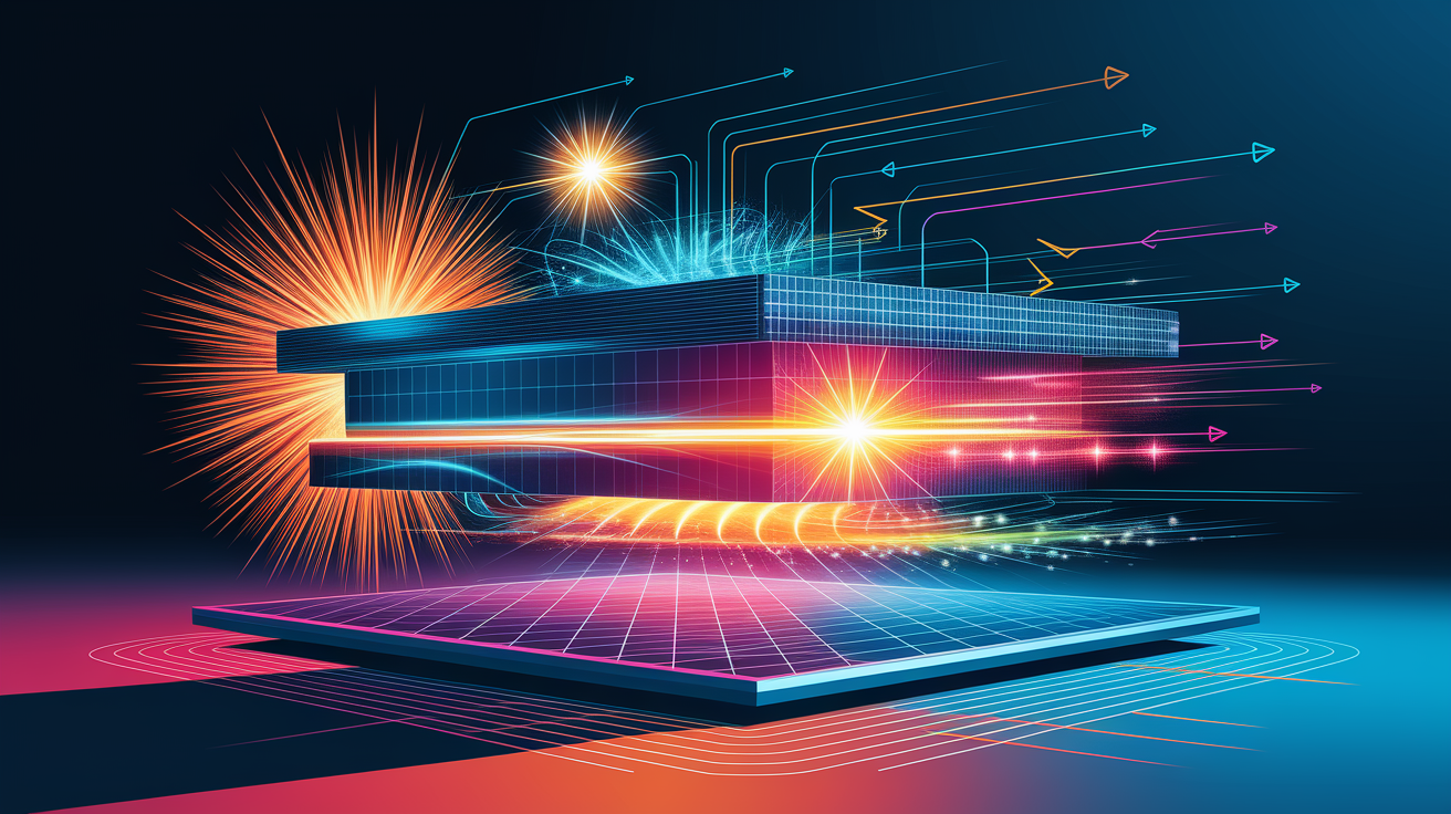 A conceptual illustration representing How Perovskite Tandem Solar Cells Work. Visualize the main ideas: . Creative but clear representation of the concept. Style: Visual Theme: Clean, modern aesthetic with high contrast and vibrant energy. Emphasize the intersect. high quality, detailed, professional, clean composition, good lighting, sharp focus, well-composed. high quality, professional, detailed, well-composed