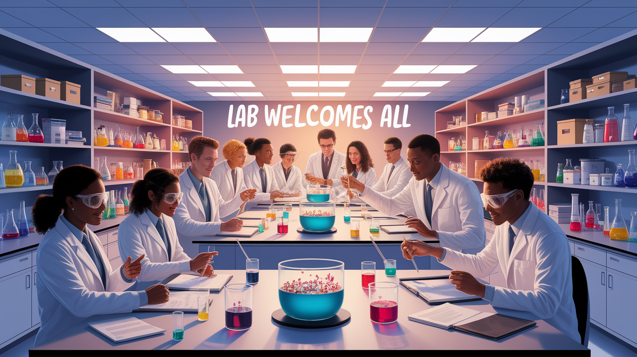 A conceptual illustration representing Lab Welcomes All. Visualize the main ideas: . Creative but clear representation of the concept. Style: photorealistic. high quality, detailed, professional, clean composition, good lighting, sharp focus, well-composed. high quality, professional, detailed, well-composed