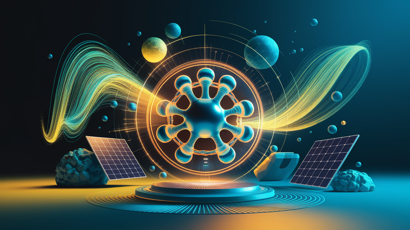 A conceptual illustration representing The Role of Perovskite Materials. Visualize the main ideas: . Creative but clear representation of the concept. Style: Visual Theme: Clean, modern aesthetic with high contrast and vibrant energy. Emphasize the intersect. high quality, detailed, professional, clean composition, good lighting, sharp focus, well-composed. high quality, professional, detailed, well-composed