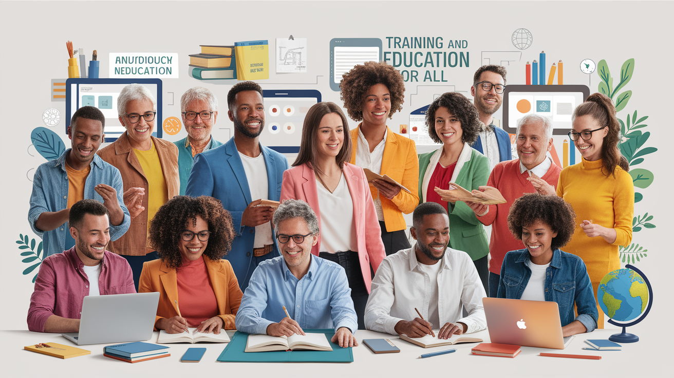 A conceptual illustration representing Training and Education for All. Visualize the main ideas: . Creative but clear representation of the concept. Style: photorealistic. high quality, detailed, professional, clean composition, good lighting, sharp focus, well-composed. high quality, professional, detailed, well-composed
