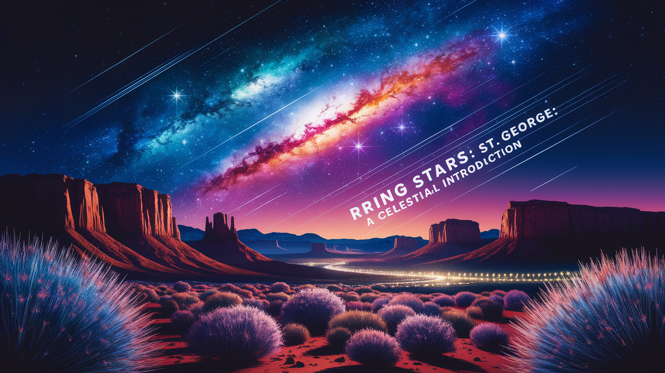 A conceptual illustration representing Rising Stars in St. George: A Celestial Introduction. Visualize the main ideas: . Creative but clear representation of the concept. Style: photorealistic. high quality, detailed, professional, clean composition, good lighting, sharp focus, well-composed. high quality, professional, detailed, well-composed