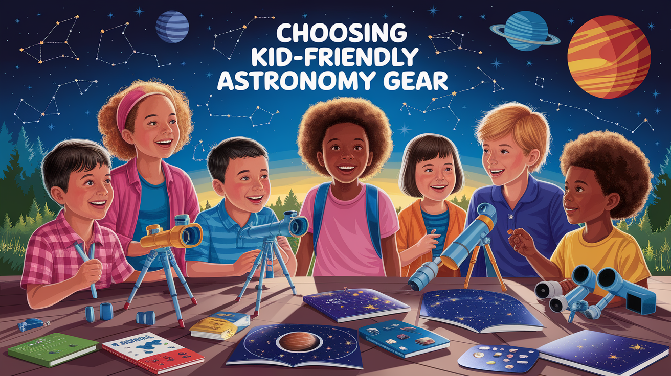 A conceptual illustration representing Choosing Kid-Friendly Astronomy Gear. Visualize the main ideas: . Creative but clear representation of the concept. Style: photorealistic. high quality, detailed, professional, clean composition, good lighting, sharp focus, well-composed. high quality, professional, detailed, well-composed