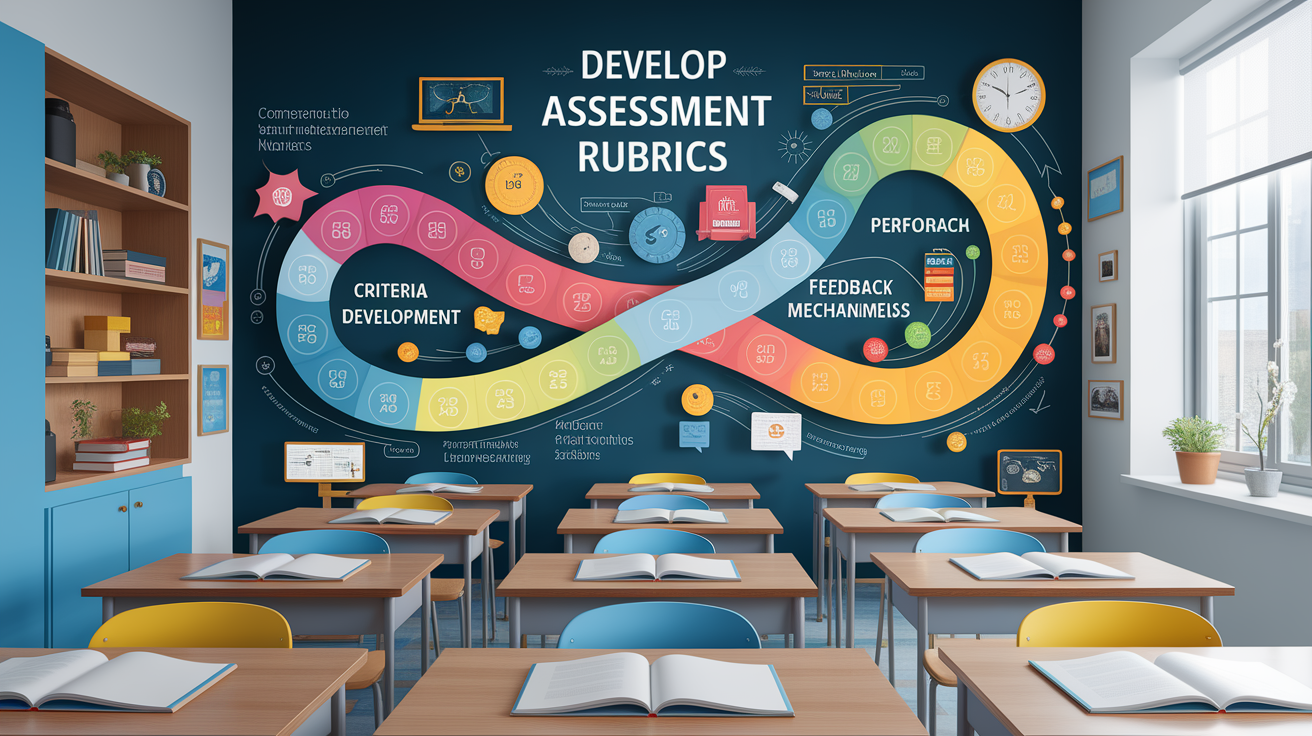 A conceptual illustration representing Steps to Develop Authentic Assessment Rubrics. Visualize the main ideas: . Creative but clear representation of the concept. Style: photorealistic. high quality, detailed, professional, clean composition, good lighting, sharp focus, well-composed. high quality, professional, detailed, well-composed