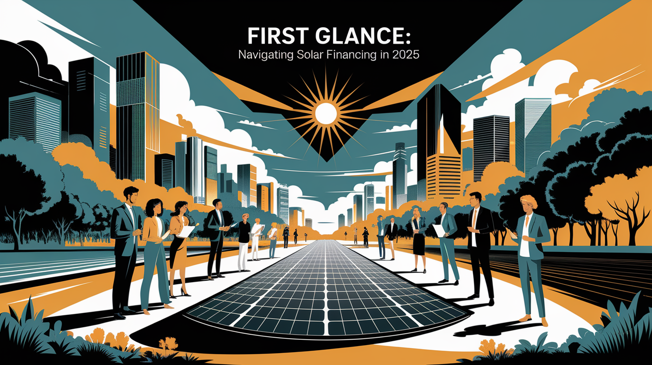 A conceptual illustration representing First Glance: Navigating Solar Financing in 2025. Visualize the main ideas: . Creative but clear representation of the concept. Style: Visual Theme: Clean, modern aesthetic with high contrast and vibrant energy. Emphasize the intersect. high quality, detailed, professional, clean composition, good lighting, sharp focus, well-composed. high quality, professional, detailed, well-composed