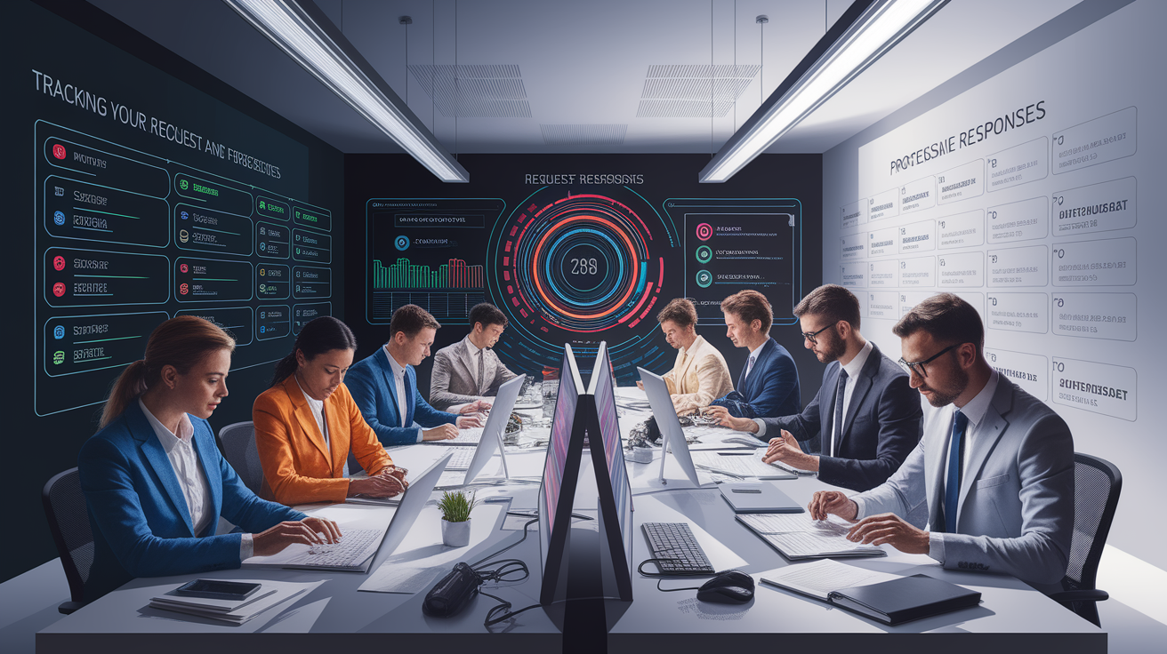 A conceptual illustration representing Tracking Your Request and Handling Responses. Visualize the main ideas: . Creative but clear representation of the concept. Style: photorealistic. high quality, detailed, professional, clean composition, good lighting, sharp focus, well-composed. high quality, professional, detailed, well-composed