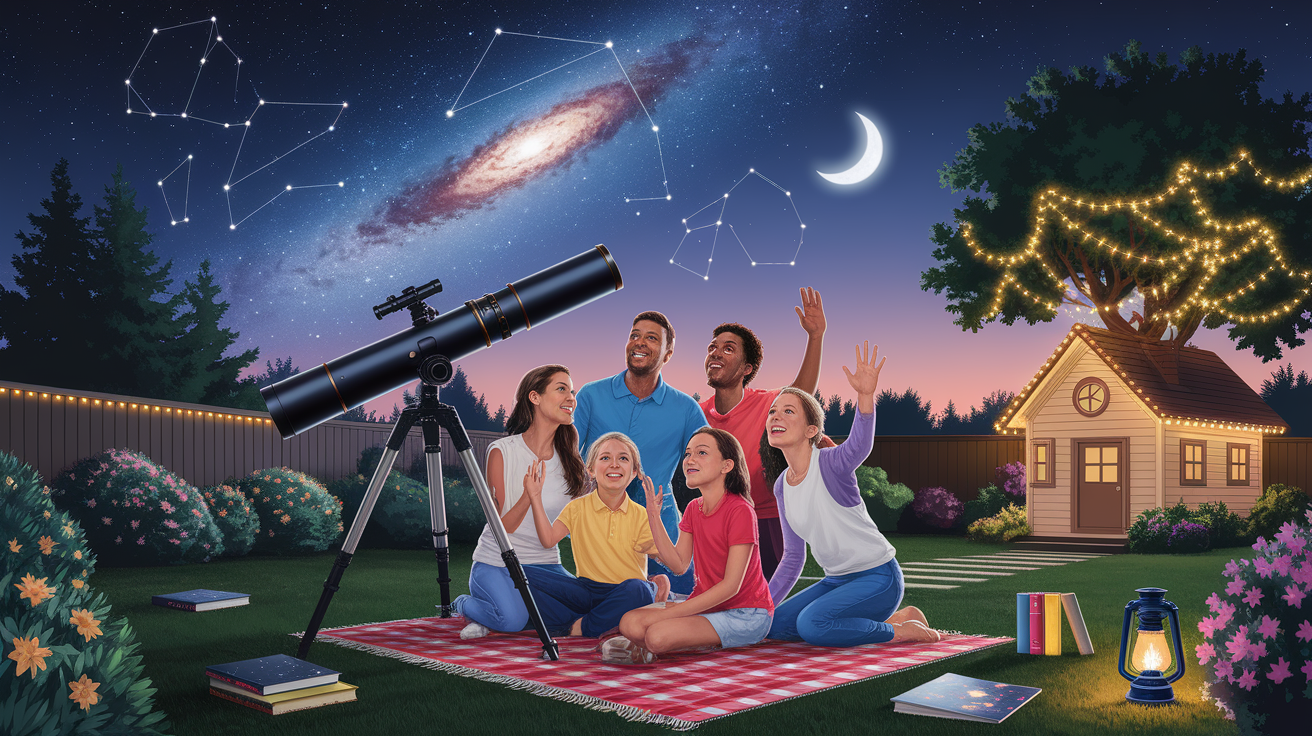 A conceptual illustration representing Engaging Backyard Astronomy Activities. Visualize the main ideas: . Creative but clear representation of the concept. Style: photorealistic. high quality, detailed, professional, clean composition, good lighting, sharp focus, well-composed. high quality, professional, detailed, well-composed