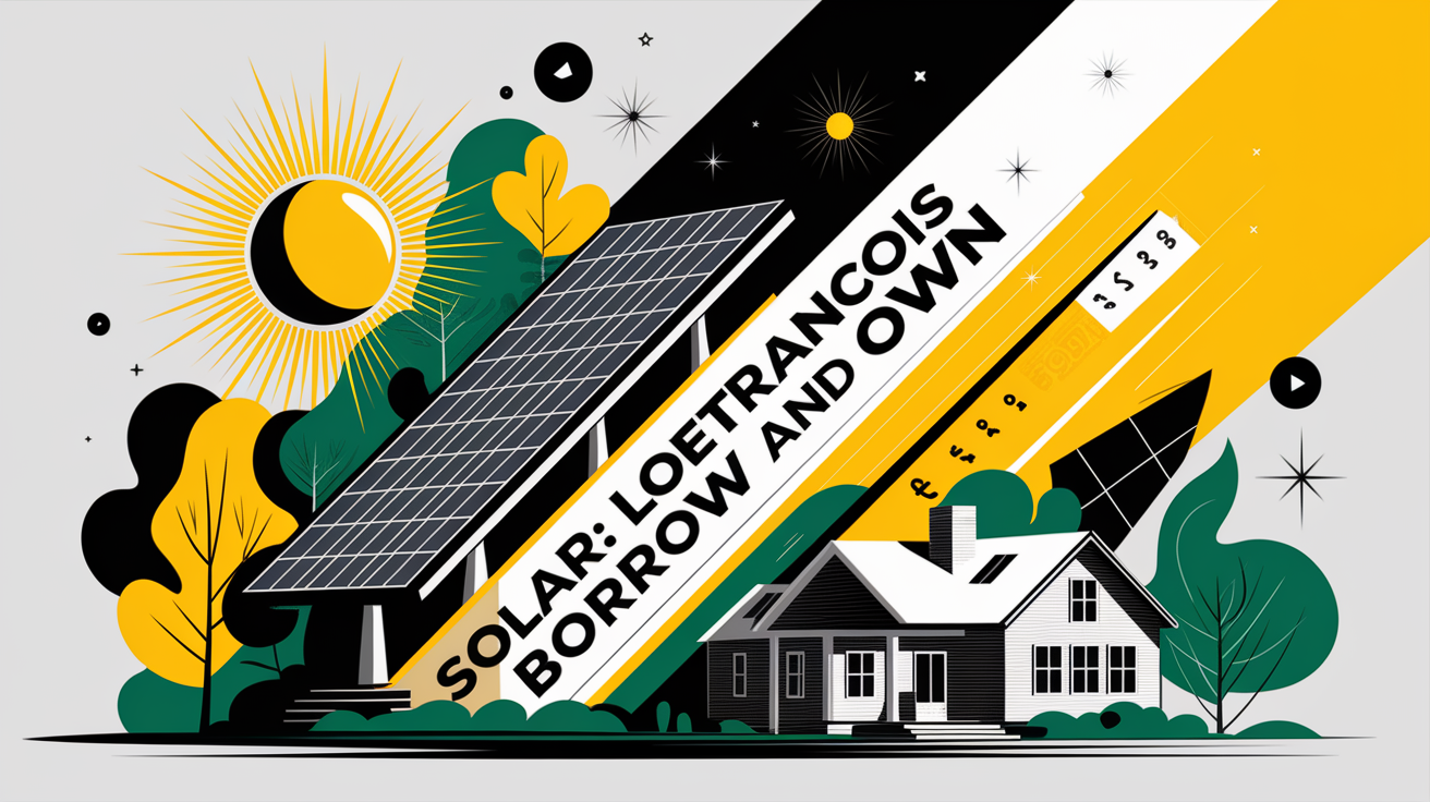 A conceptual illustration representing Solar Loans: Borrow and Own. Visualize the main ideas: . Creative but clear representation of the concept. Style: Visual Theme: Clean, modern aesthetic with high contrast and vibrant energy. Emphasize the intersect. high quality, detailed, professional, clean composition, good lighting, sharp focus, well-composed. high quality, professional, detailed, well-composed