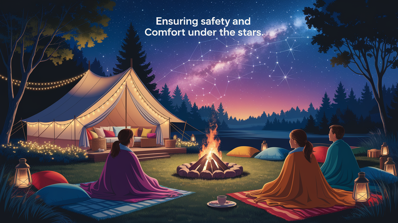 A conceptual illustration representing Ensuring Safety and Comfort Under the Stars. Visualize the main ideas: . Creative but clear representation of the concept. Style: photorealistic. high quality, detailed, professional, clean composition, good lighting, sharp focus, well-composed. high quality, professional, detailed, well-composed